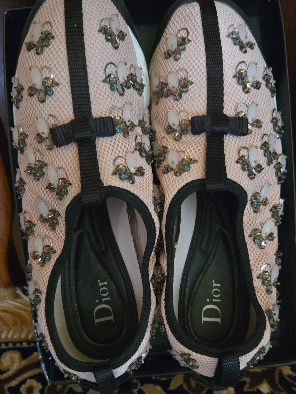 Dior Embellished Mesh Ballet Sport Soft  Flats with Crystals And Black  Bow Trim